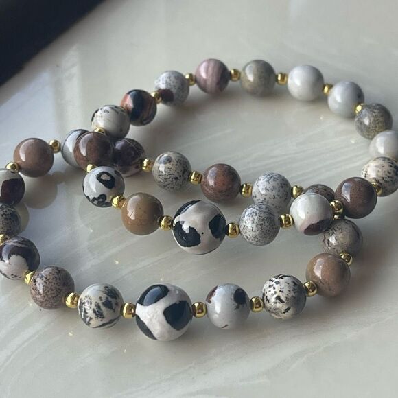 Hand crafted picture Jasper cow print stone crystal ONE NEW stretch bracelet - Picture 6 of 9